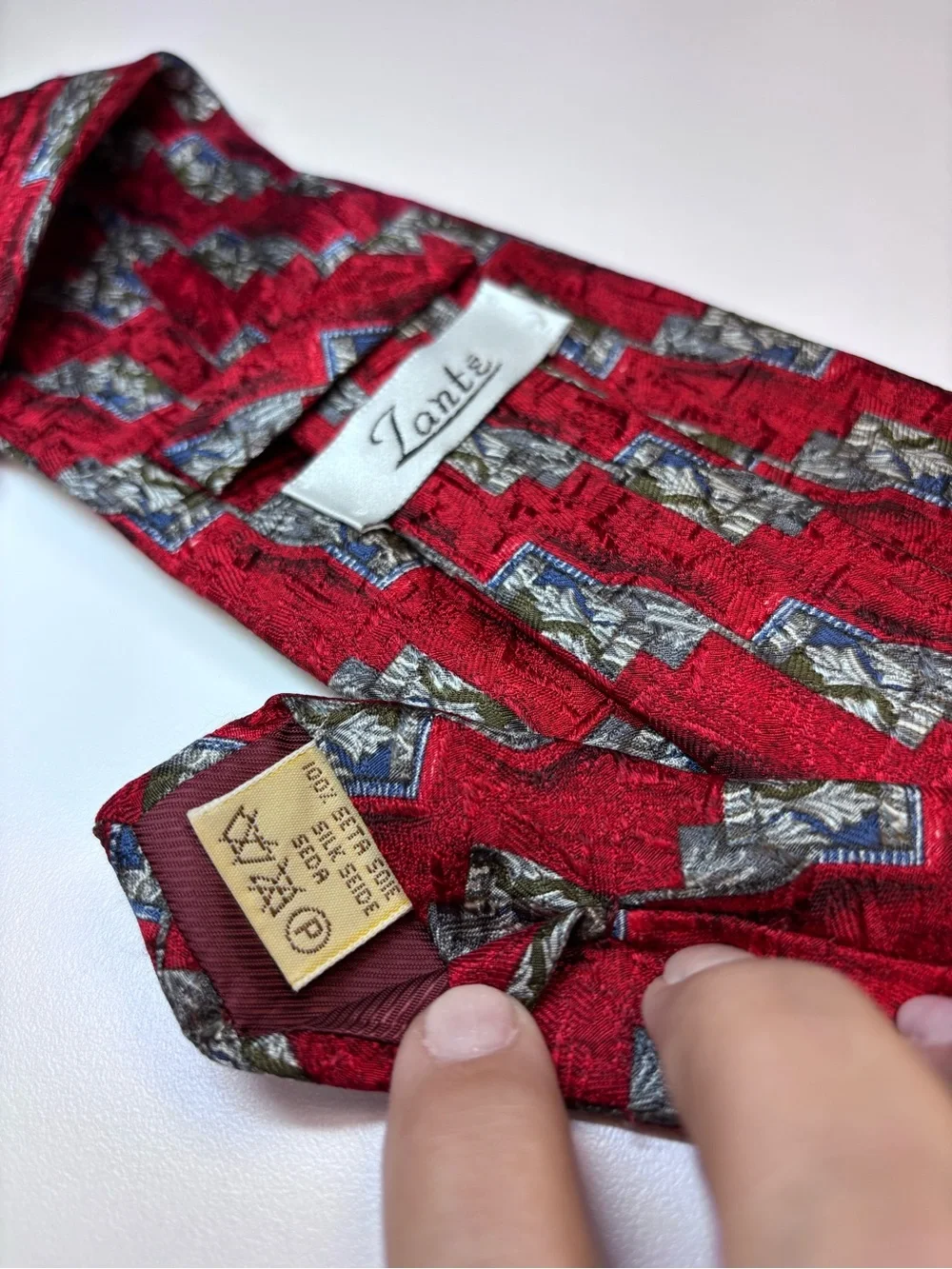 Zante Red Geometric Silk Tie with Silver and Blue Accents EUC Vintage Italian